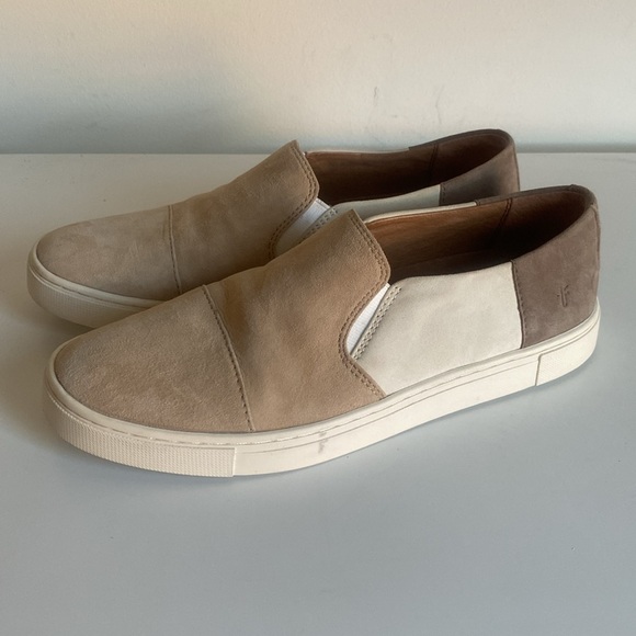 FRYE Suede Classic Sneaker Size 7 Beige Brown Color Block Minimalist Fall OOTD - Picture 13 of 16